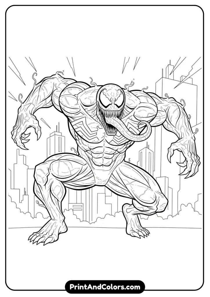 Highly detailed line art of Venom in realistic muscular style, textured body with sharp teeth and long tongue. Clean black outlines for coloring