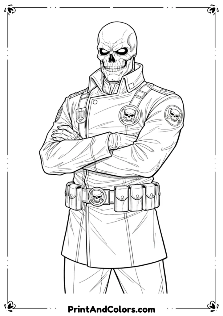 Black and white line art of Red Skull villain from Captain America comics, menacing face, detailed outlines.
