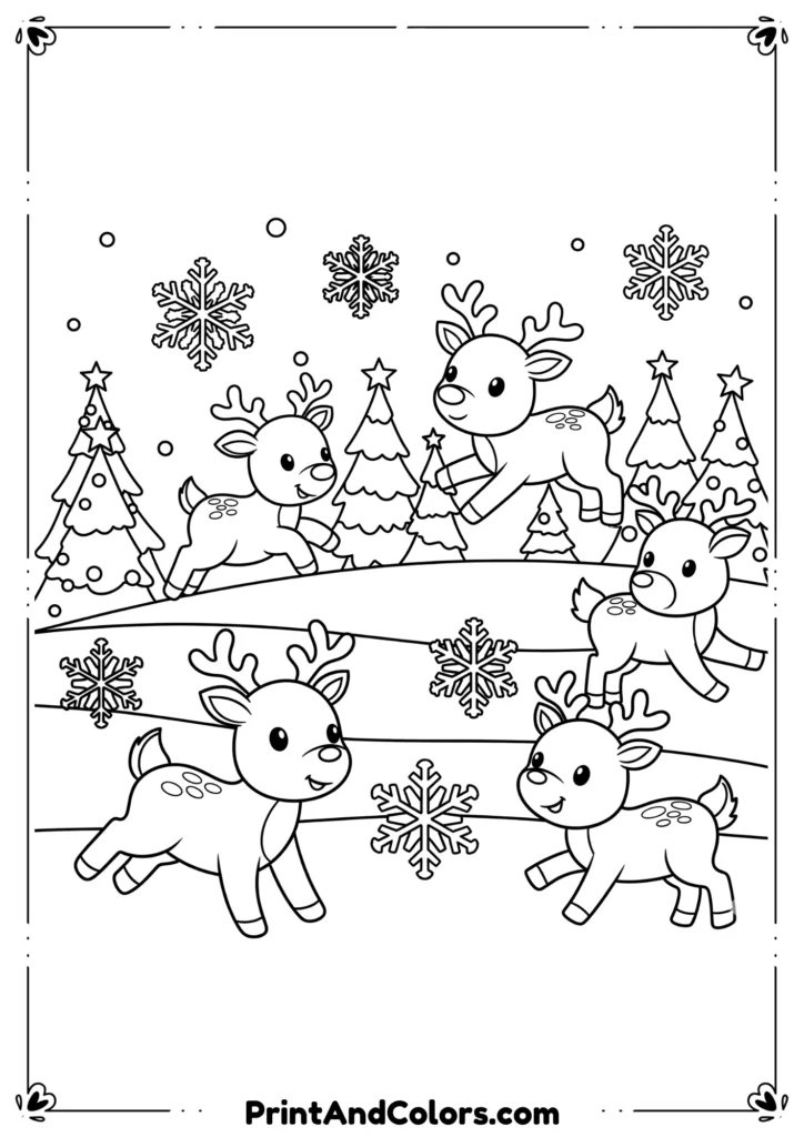 Line art of cute reindeer frolicking in snow with snowflakes and Christmas trees around.