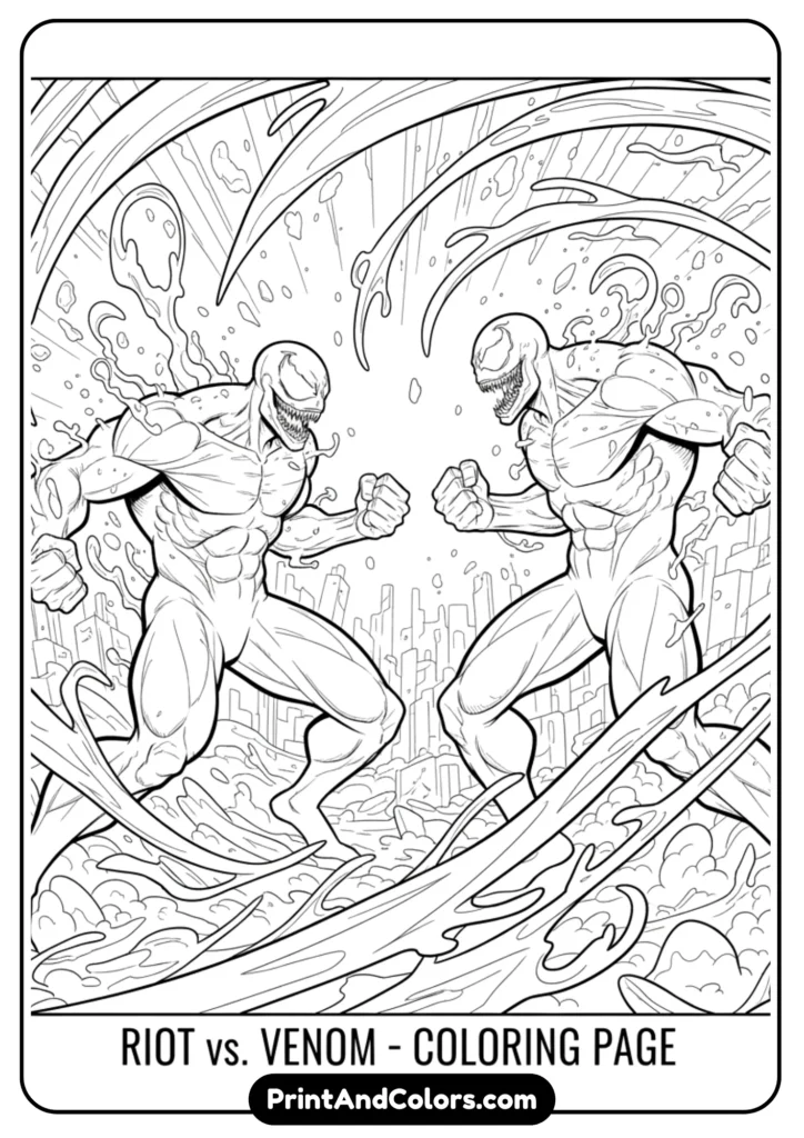 Line art of Riot symbiote fighting Venom, both in battle poses, with symbiote tendrils flying everywhere