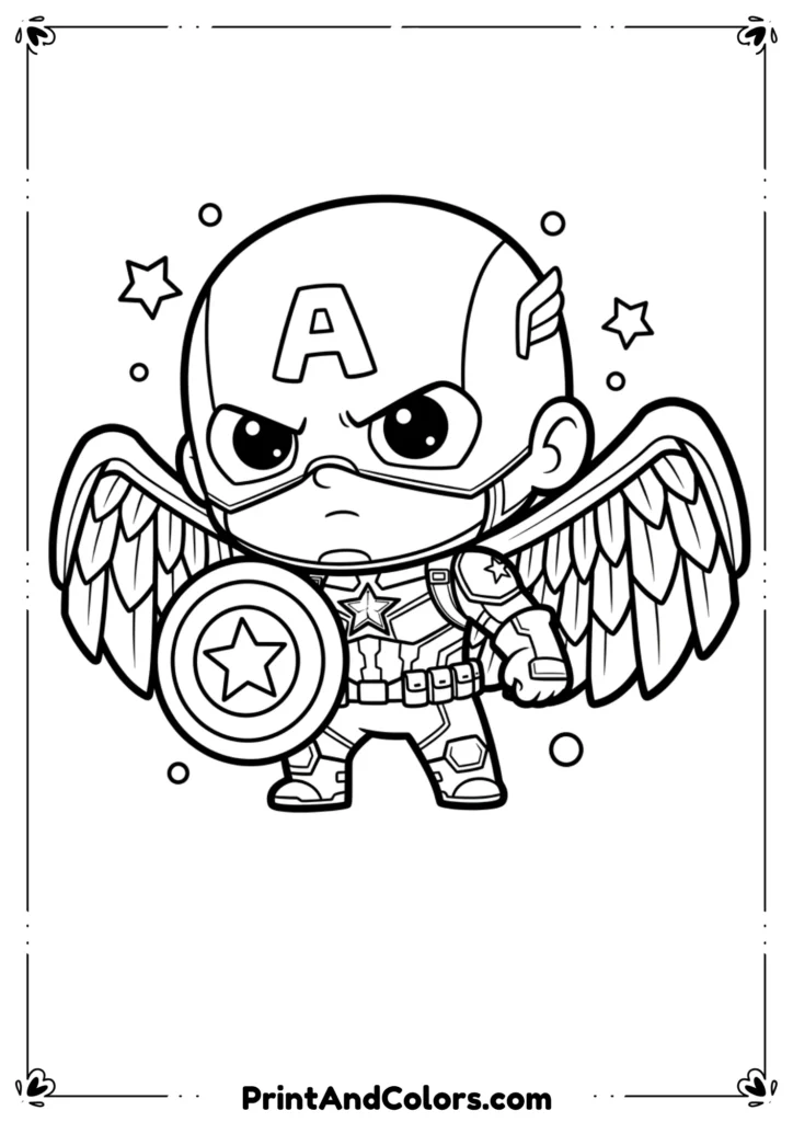 Line art of Sam Wilson wearing Captain America suit with wings and shield.