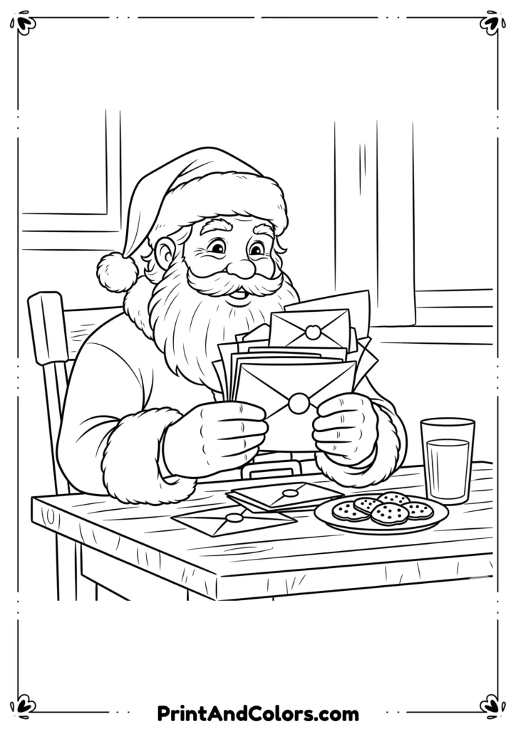 Santa Claus in line art style reading children’s letters at a table with cookies and milk beside him.