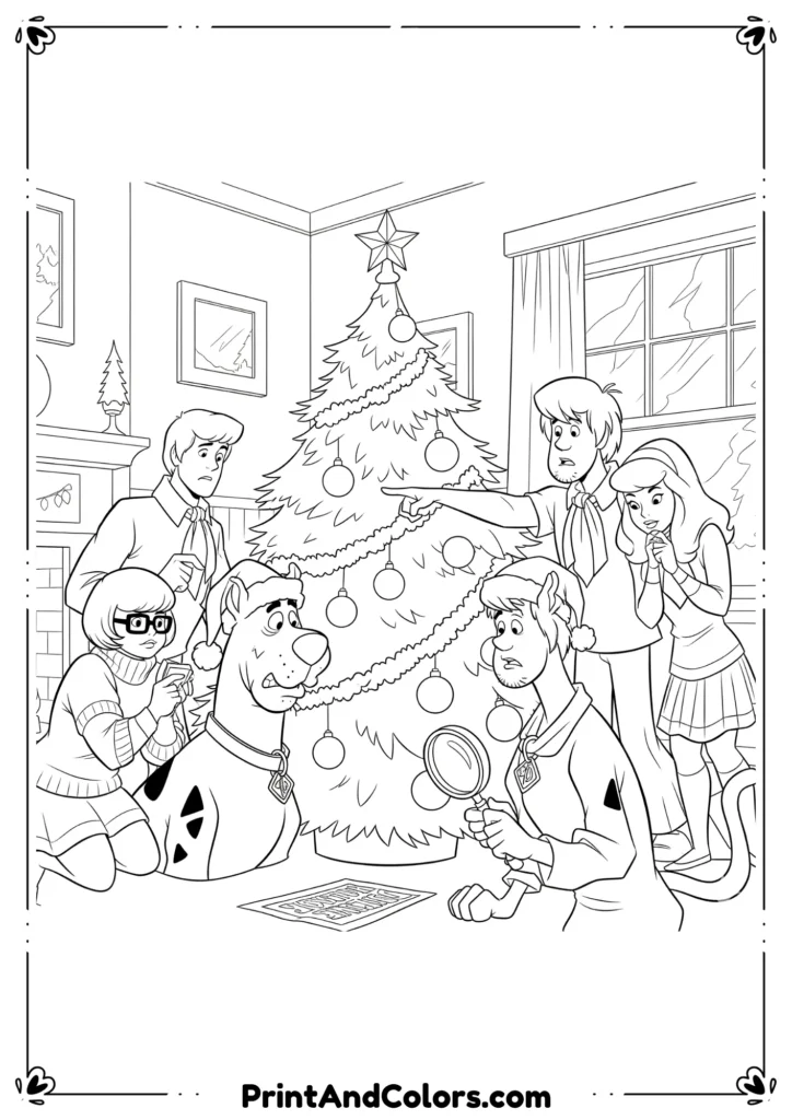 Black and white outline of Scooby-Doo and friends solving a Christmas mystery near a decorated tree.