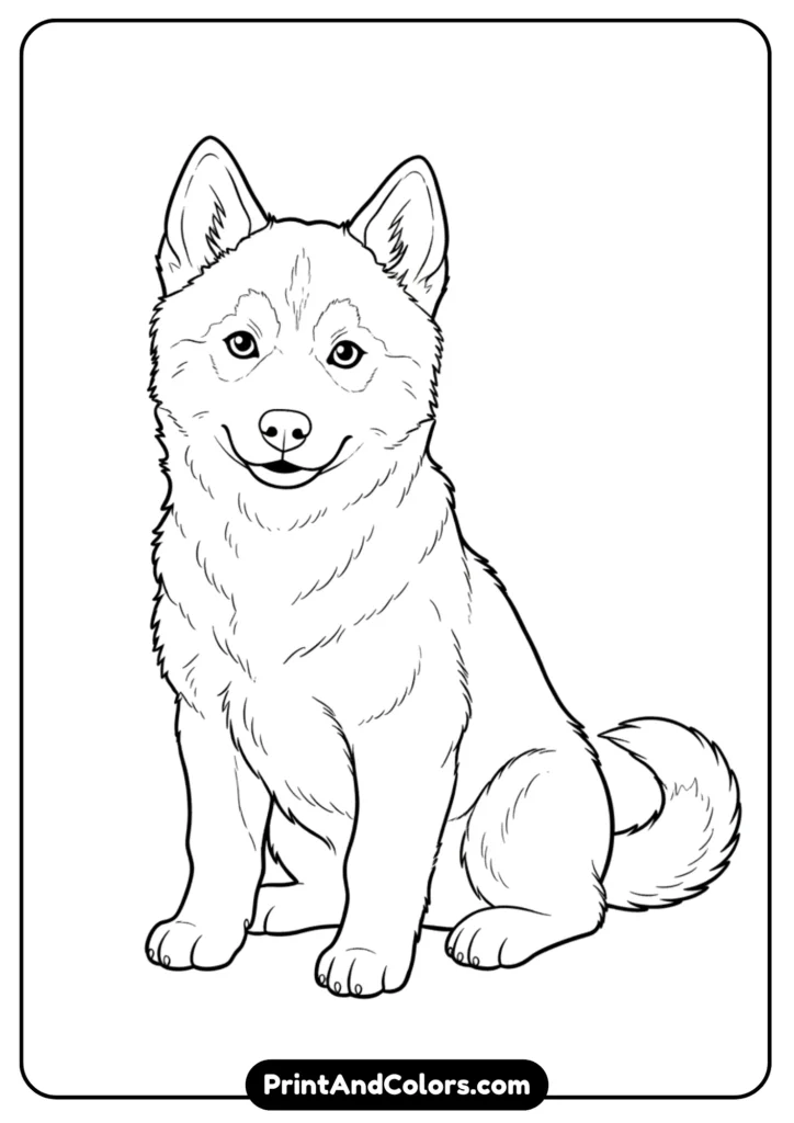 Outline drawing of a Siberian Husky puppy with perked ears and fluffy fur. Black and white clean lines for coloring