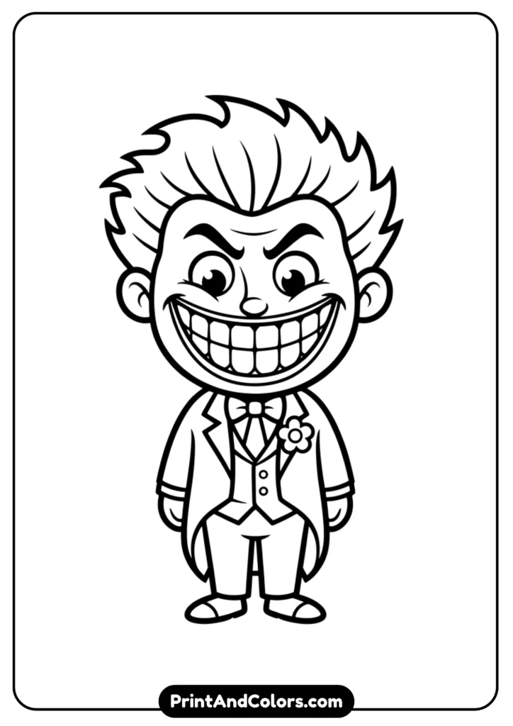 Easy cartoon Joker with big smile, black and white outline with minimal details, child-friendly coloring page.