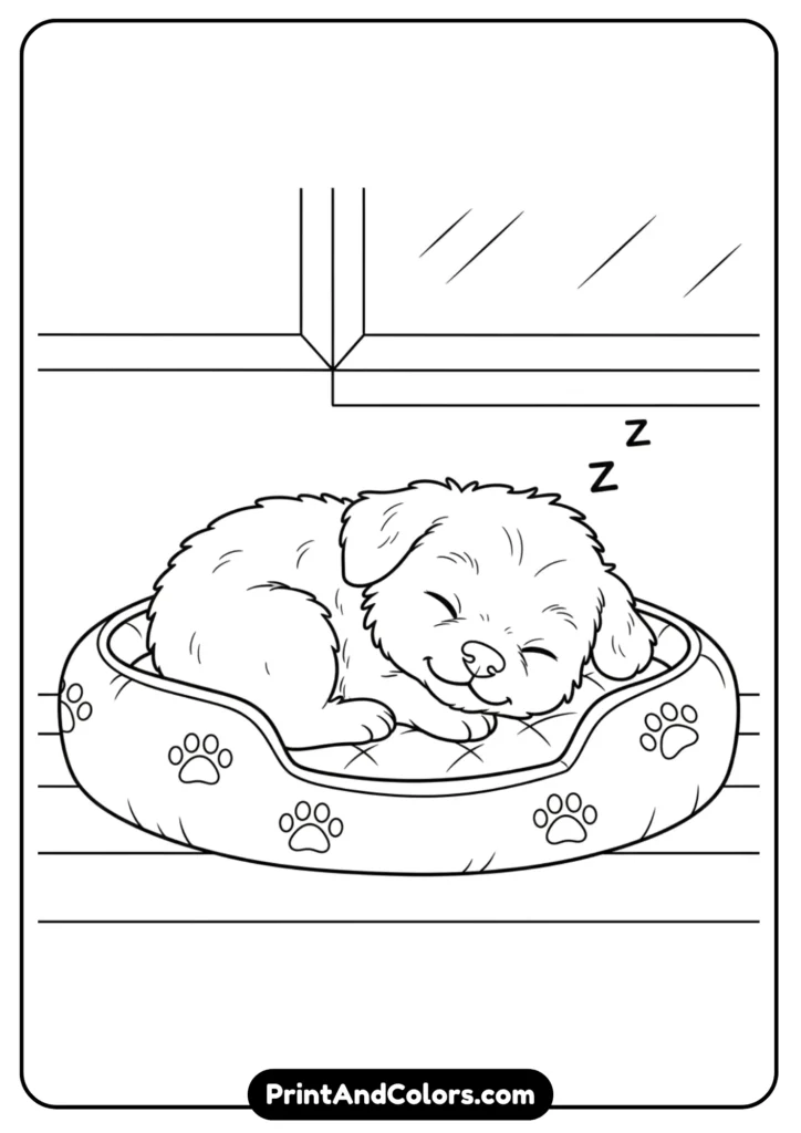 Black and white line drawing of a small puppy curled up and sleeping peacefully. Simple outlines with a cozy look, perfect for kids to color.