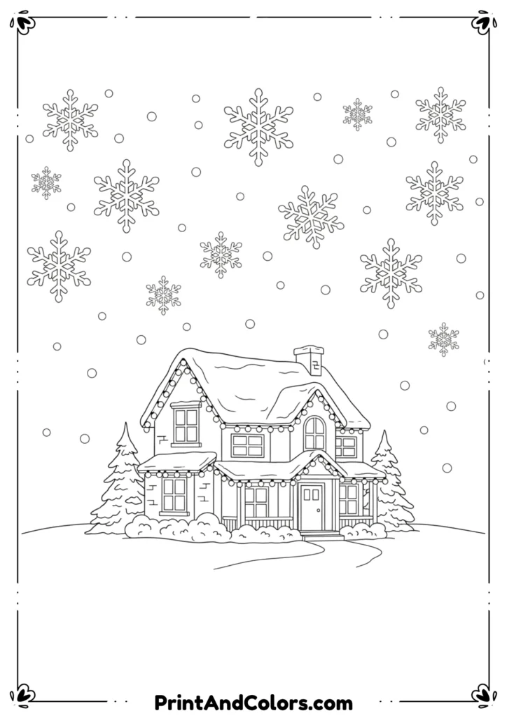Black and white line art of a peaceful winter night sky filled with falling snowflakes, a house decorated with Christmas lights below.