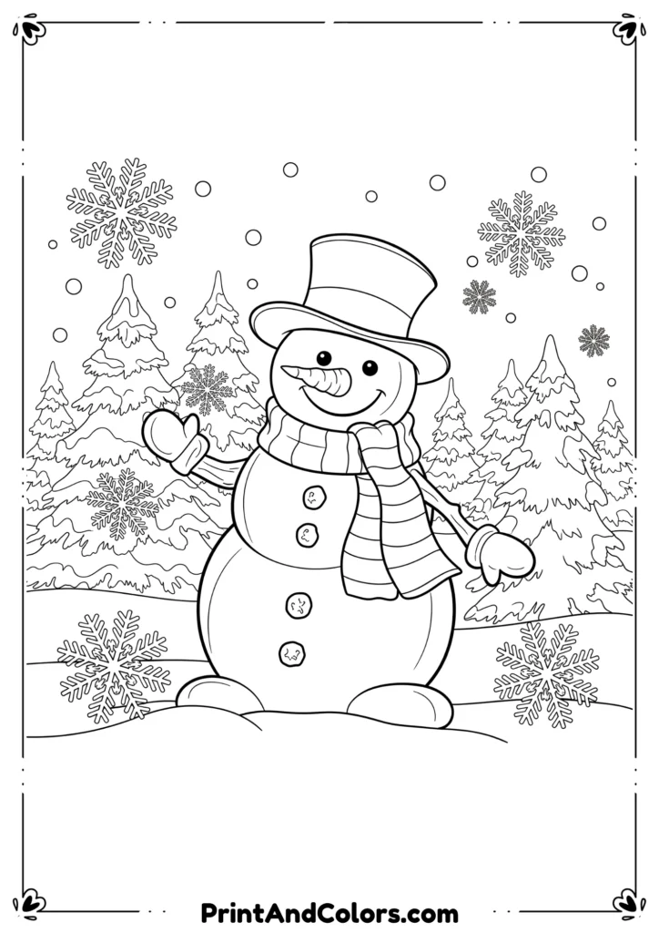 Black and white outline of a cheerful snowman with a scarf, hat, and carrot nose standing in a snowy Christmas wonderland with trees and snowflakes.