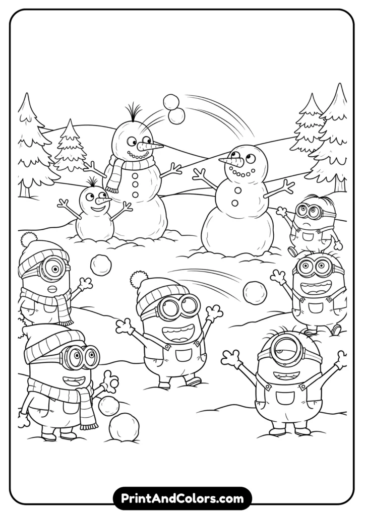 Minions playing in the snow with snowmen and snowballs, cartoon-style black-and-white outlines