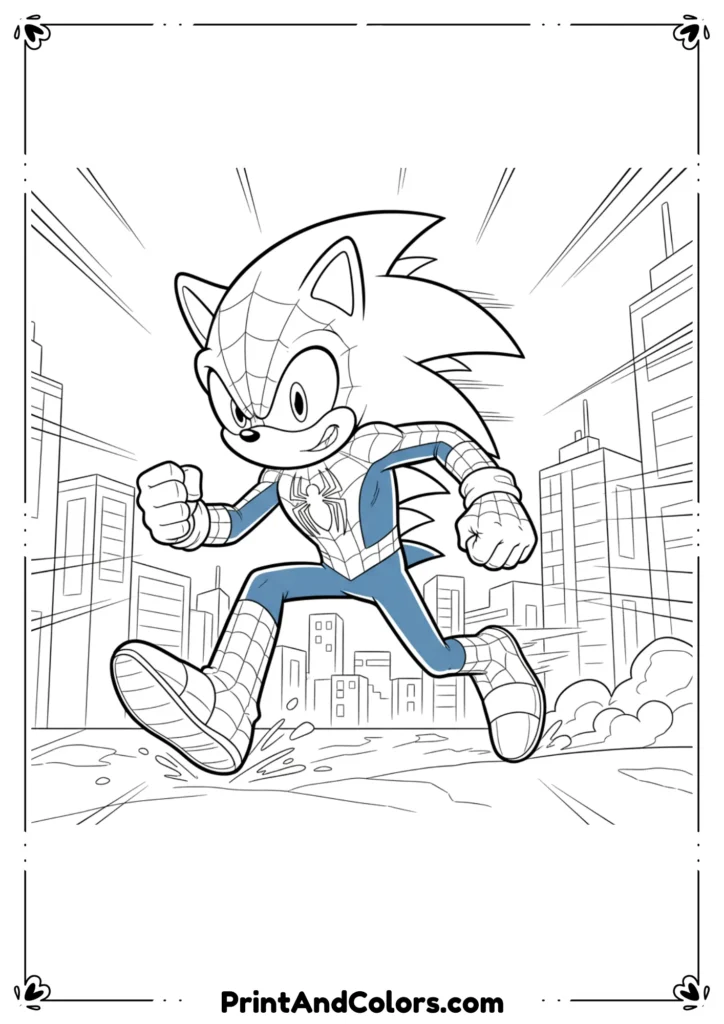 Fun mashup of Sonic the Hedgehog in Spider-Man suit, running pose in bold outlines.