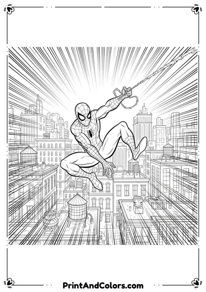 Spectacular Spider-Man swinging across city rooftops, bold comic outlines.