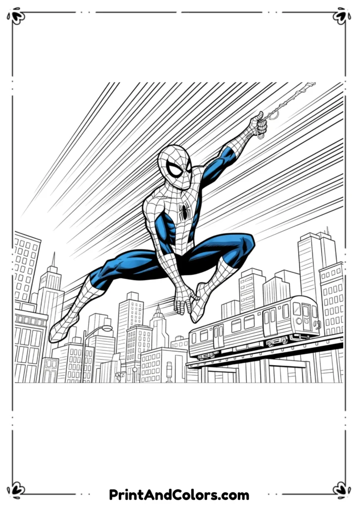 Spider-Man in mid-swing pose inspired by Spider-Man 2 movie, city behind him.