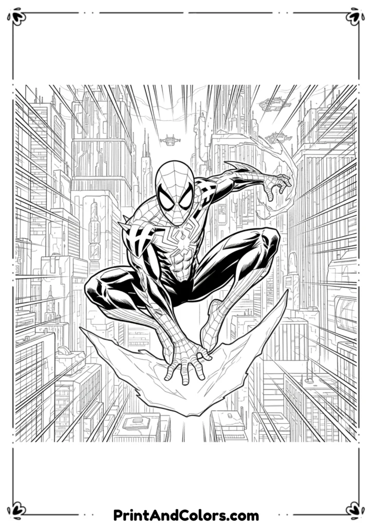 Spider-Man 2099 in futuristic spiked suit, dramatic action pose with city tech background.