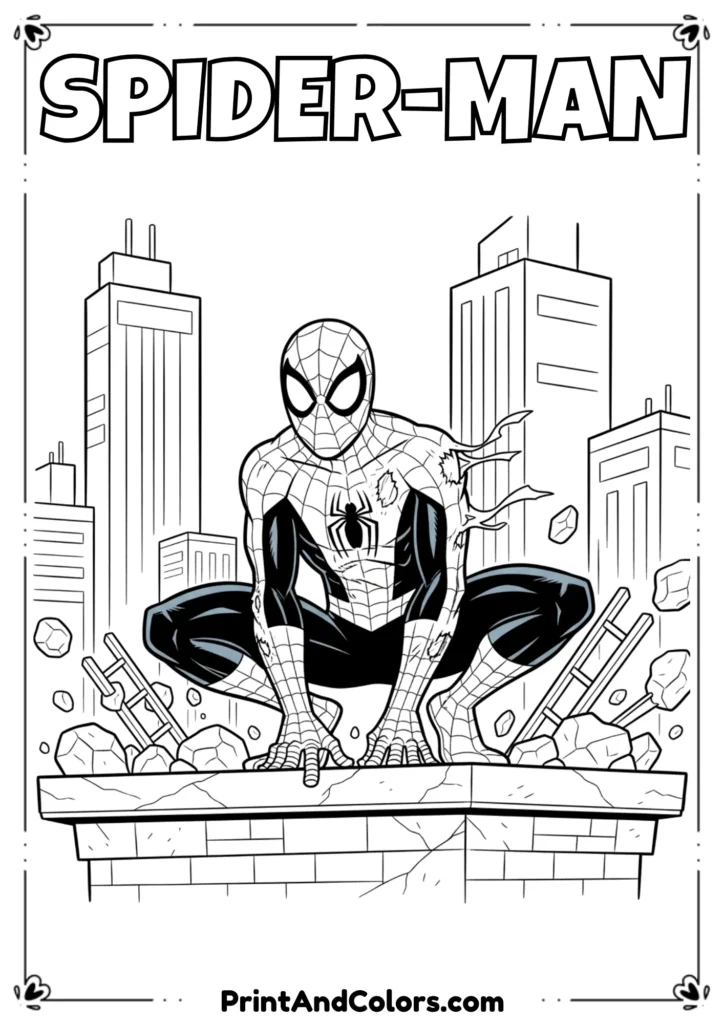 Spider-Man in battle-damaged suit from Spider-Man 3, crouched with torn costume details.