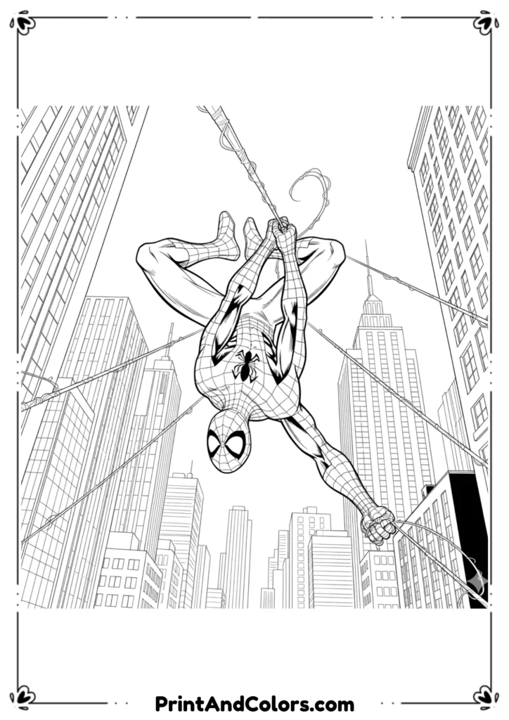 Spider-Man doing an acrobatic flip while swinging from his web, bold comic-style outlines.