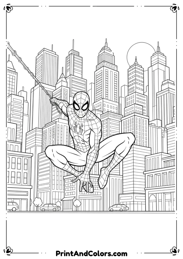 Black and white line art of Spider-Man swinging through the city with his web, tall skyscrapers in the background, bold outlines for easy coloring.