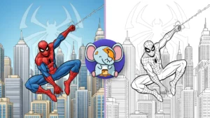 Featured Spider-Man coloring page in black-and-white line art, showing Spider-Man swinging across skyscrapers with a bold superhero logo behind him.