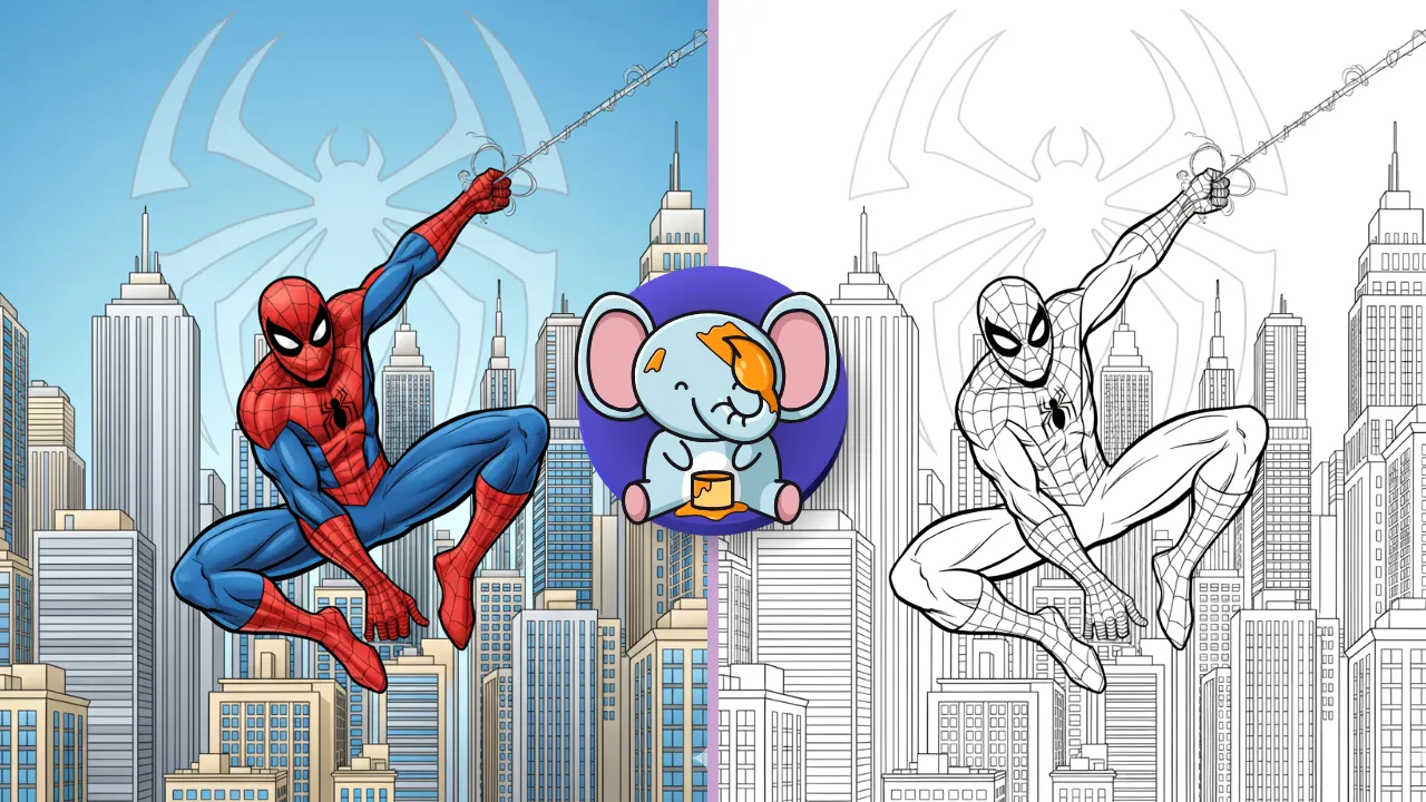 Featured Spider-Man coloring page in black-and-white line art, showing Spider-Man swinging across skyscrapers with a bold superhero logo behind him.