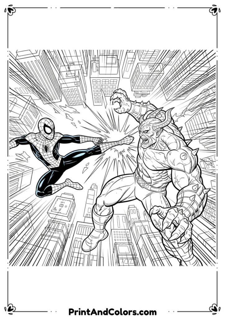 Spider-Man battling a generic villain in dynamic action lines, dramatic comic outline style.
