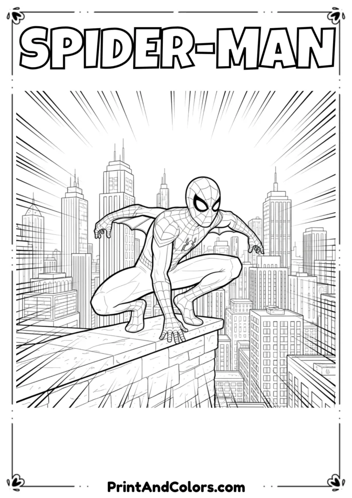 Spider-Man in Homecoming suit crouched on top of a building, clean bold outlines.