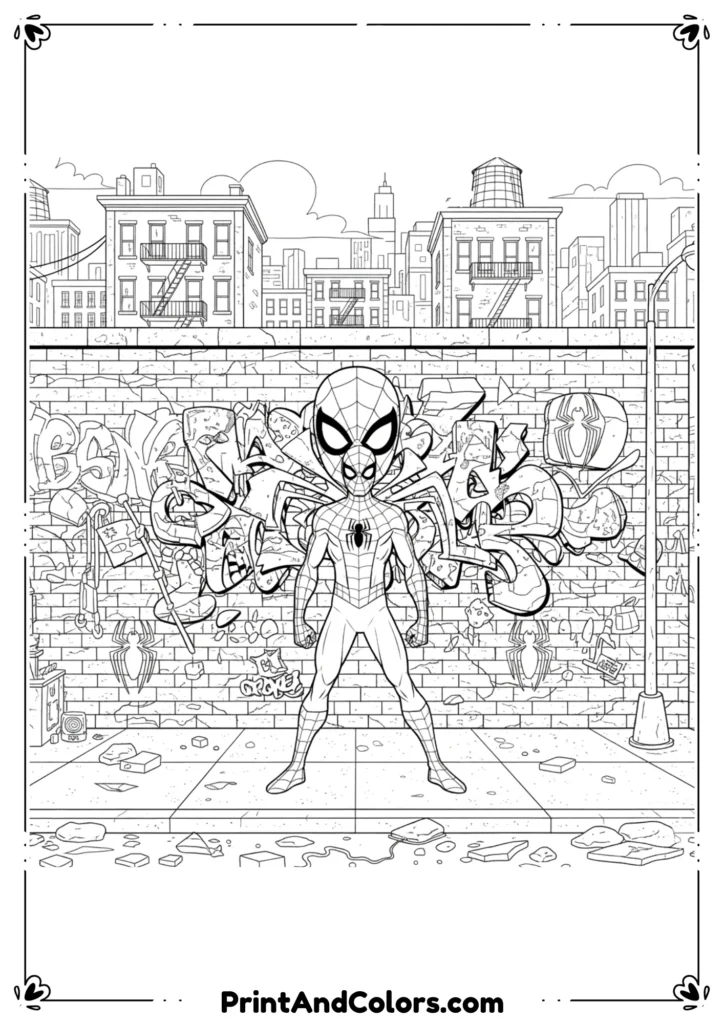 Spider-Man standing in front of a Brooklyn wall with graffiti of his own face and logo, detailed urban background, bold outlines.