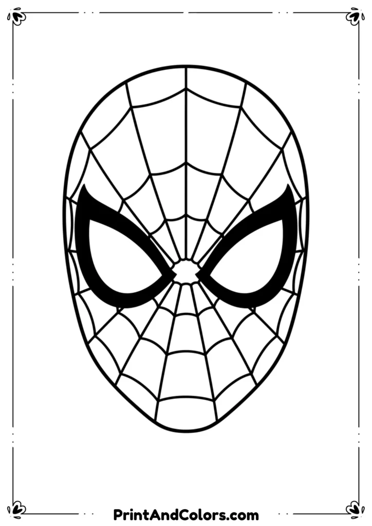 Simple outline of Spider-Man’s face mask with web patterns, bold lines for easy coloring.