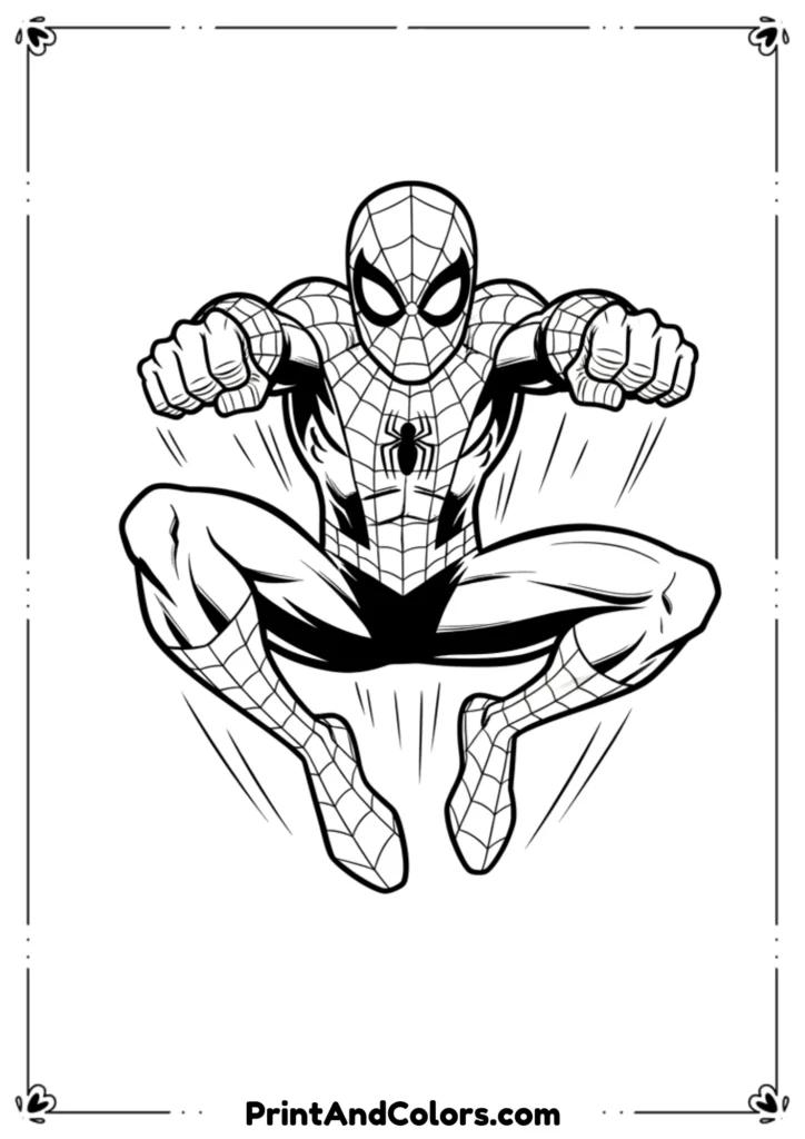 Spider-Man jumping forward in his iconic leaping pose, bold outlines.