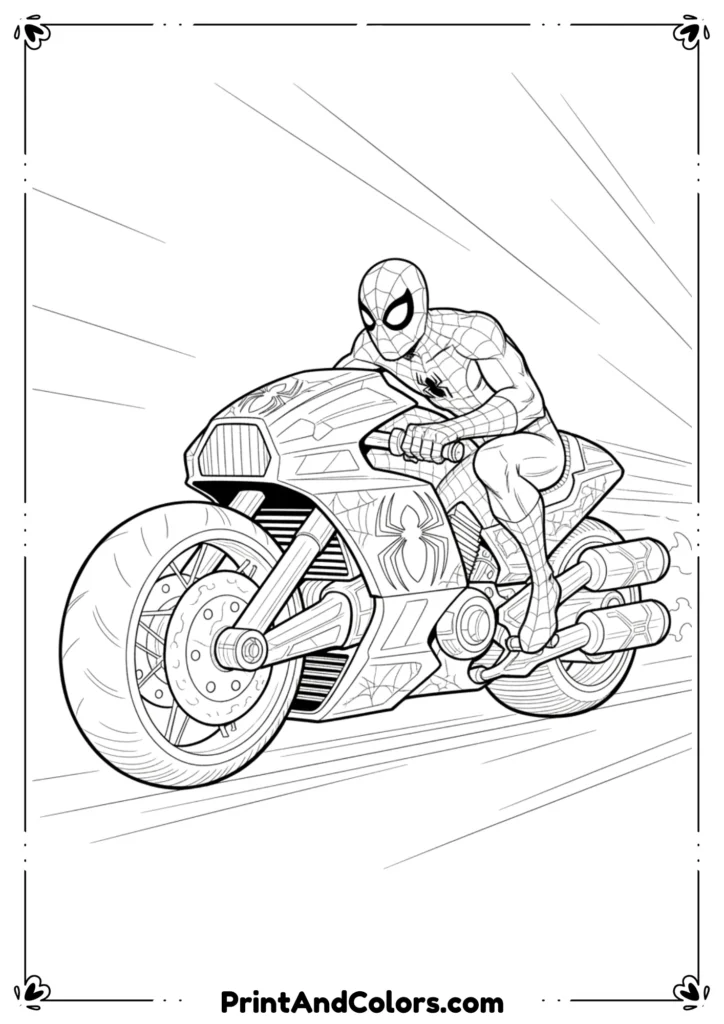 Spider-Man riding a cool motorcycle with web decals, clear bold lines.