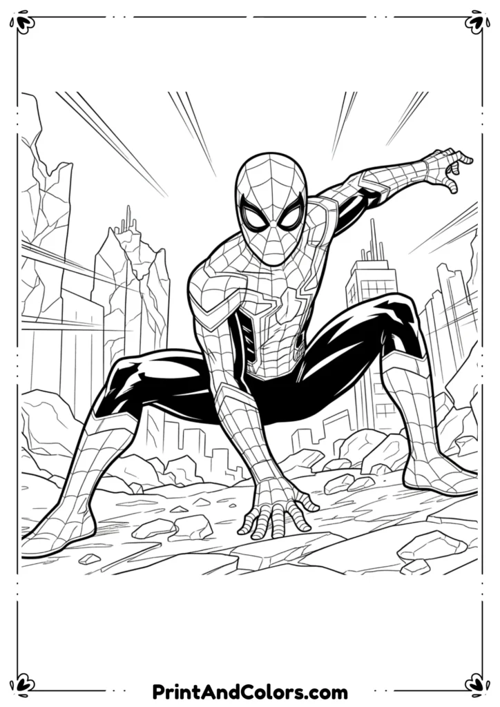 Spider-Man in his No Way Home suit, dramatic pose with portals in background.