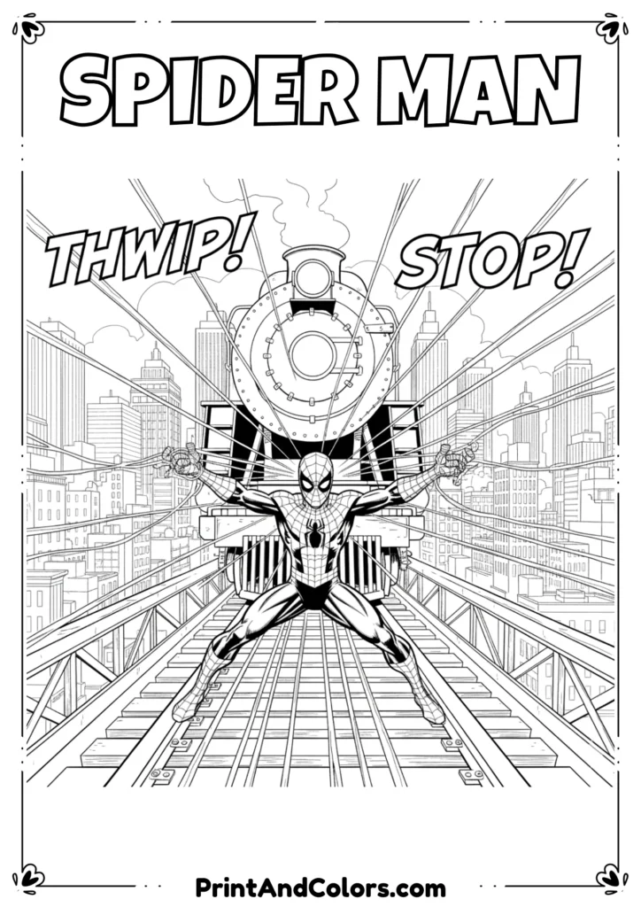 Line art of Spider-Man stretching his webs across to stop a speeding train, powerful action pose with city buildings behind.