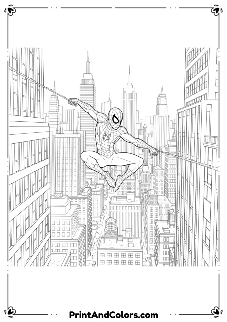 Spider-Man swinging with webs between two tall skyscrapers, city details in background outlines.