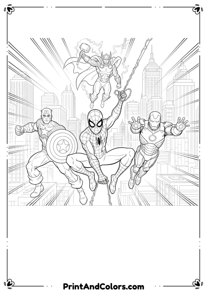 Spider-Man swinging next to Avengers heroes like Captain America, Thor, and Iron Man in a team pose, clean outlines.
