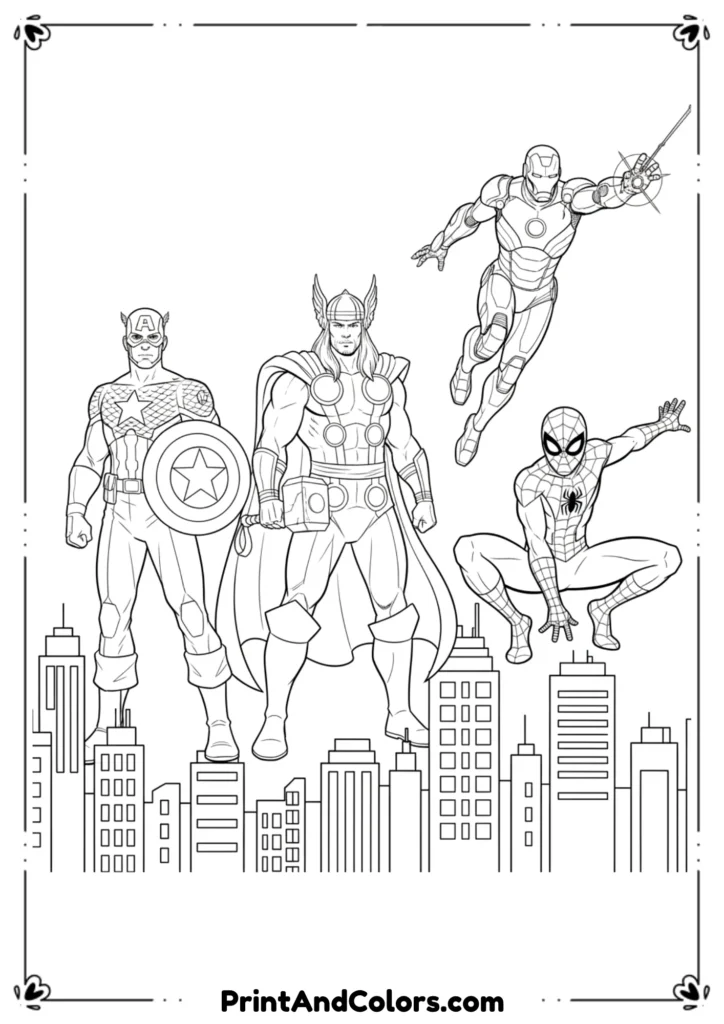 Outline art of Spider-Man with Thor holding hammer, Captain America with shield, and Iron Man flying.