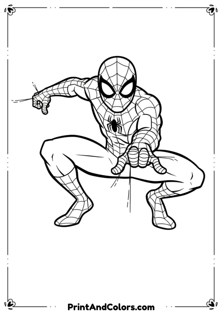 Spider-Man crouched, aiming web shooters forward, bold outlines for coloring.