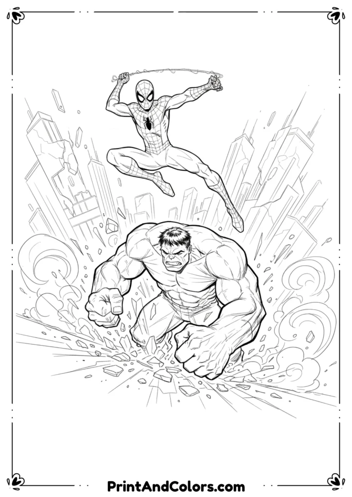 Spider-Man swinging while Hulk smashes the ground, action-packed outline art.