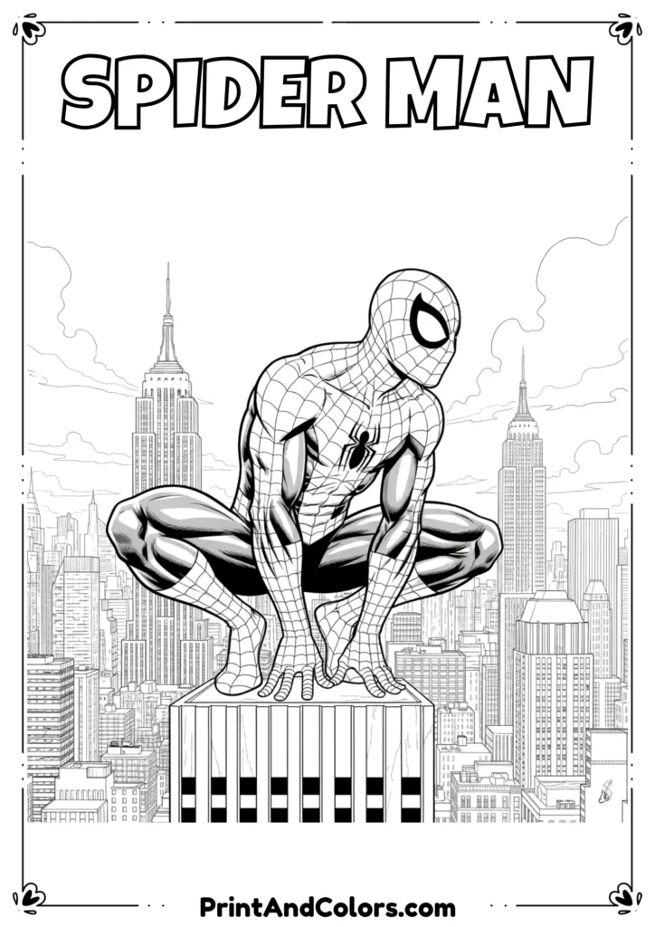 Spider-Man crouching on top of a skyscraper, city skyline in the background, heroic pose in clean black-and-white lines.