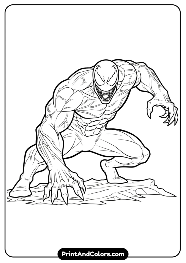 Venom as shown in Spider-Man 3 movie, crouched pose with detailed symbiote textures. Black-and-white outline