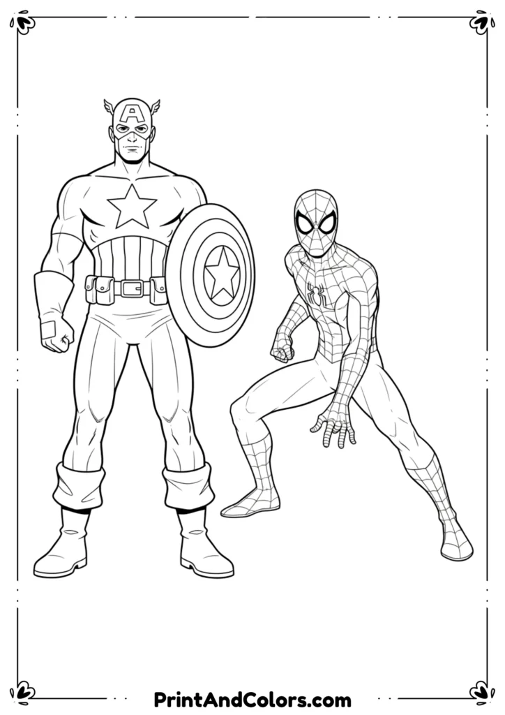 Black and white line art of Captain America standing side by side with Spiderman, both in superhero poses.
