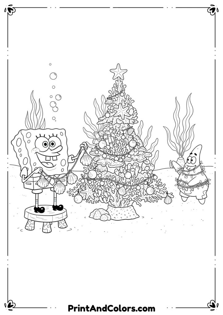 Outline drawing of SpongeBob decorating an underwater Christmas tree with seashell ornaments.