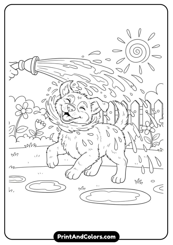 Black and white line art of a playful puppy being sprayed with water from a garden hose in the yard. Fun outline design for coloring