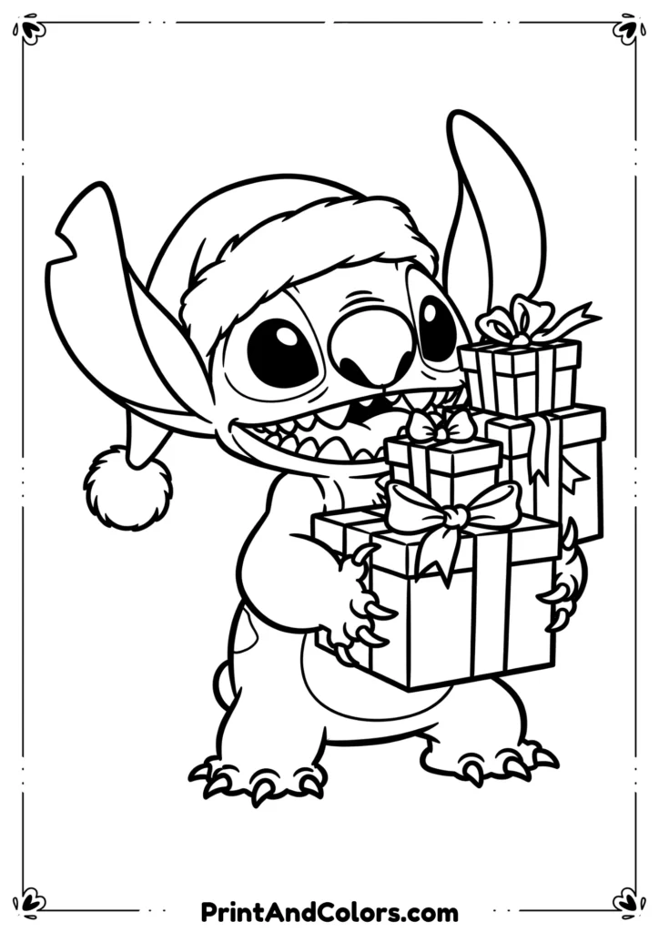 Black and white outline of Stitch wearing a Santa hat holding Christmas gifts.