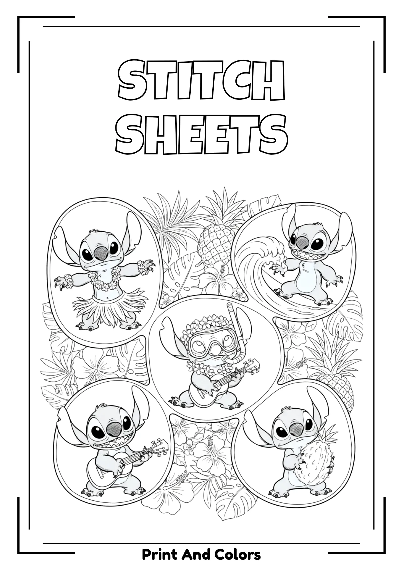 Stitch coloring page in black and white line art with cute Stitch character