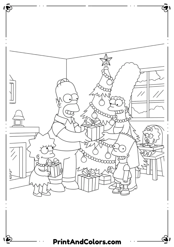 Black and white outline of The Simpsons family exchanging gifts around a decorated Christmas tree.
