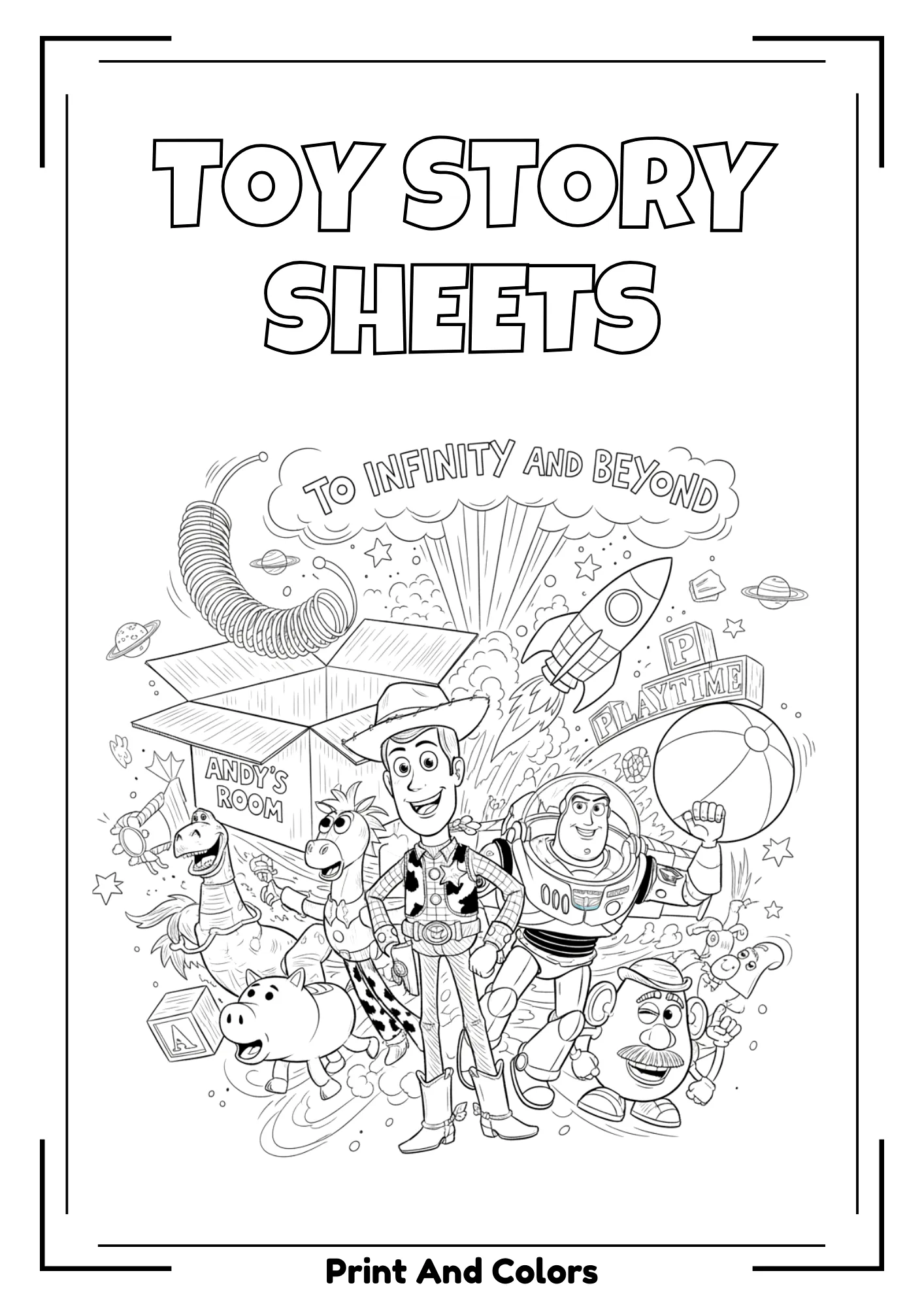 Toy Story coloring page in black and white line art featuring Woody and Buzz Lightyear