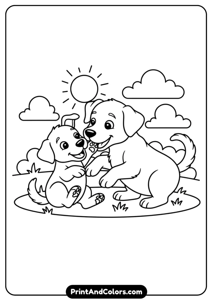 Black and white line art of two puppies play-fighting with each other. Outlined in simple bold lines for coloring.