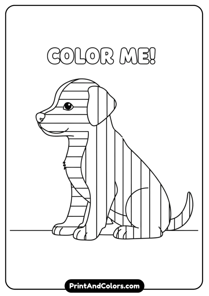 Outline of a puppy with distinct two-tone fur patterns shown in simple black and white lines for easy coloring.