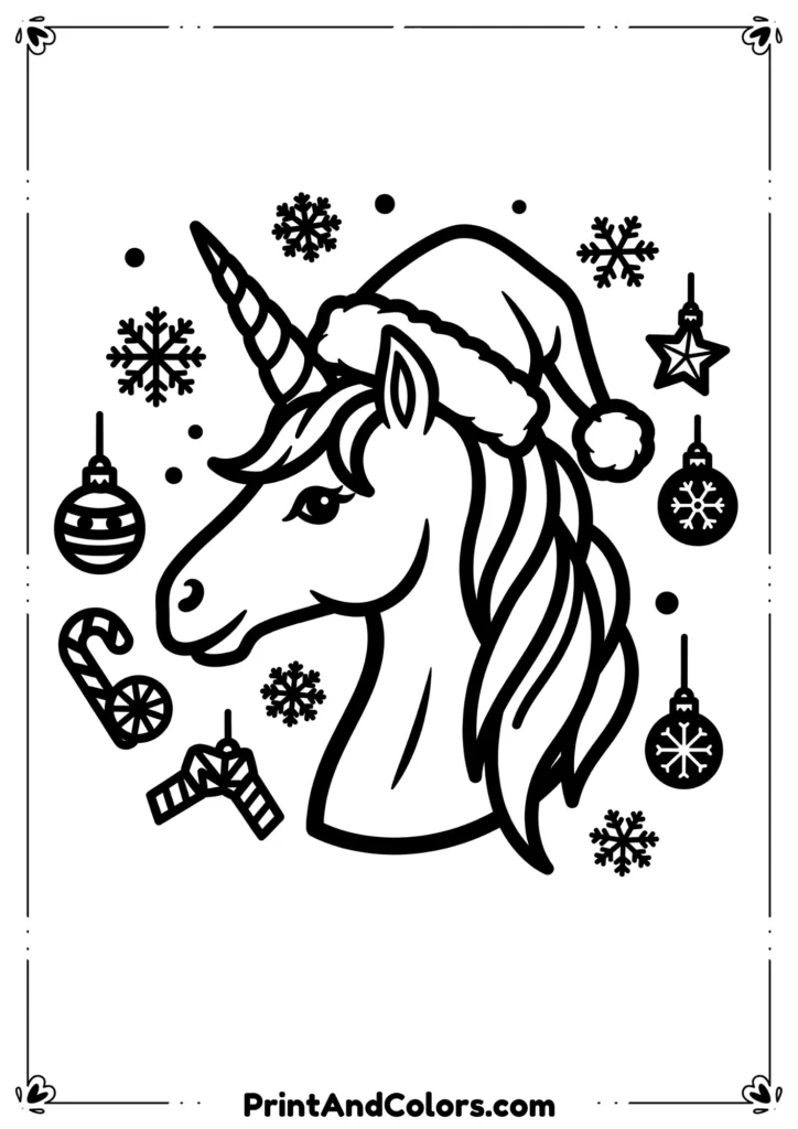 Black and white outline of a unicorn wearing a Santa hat with snowflakes and Christmas ornaments around.
