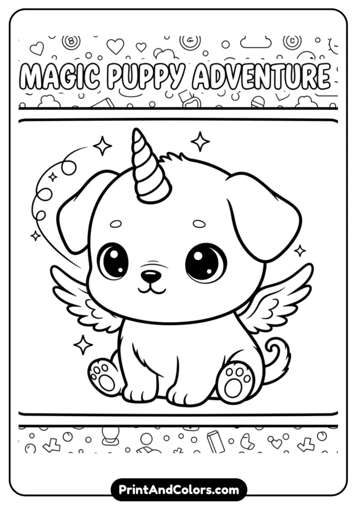 Chibi-style outline of a magical puppy with a unicorn horn and small wings. Cute black and white design for coloring pages