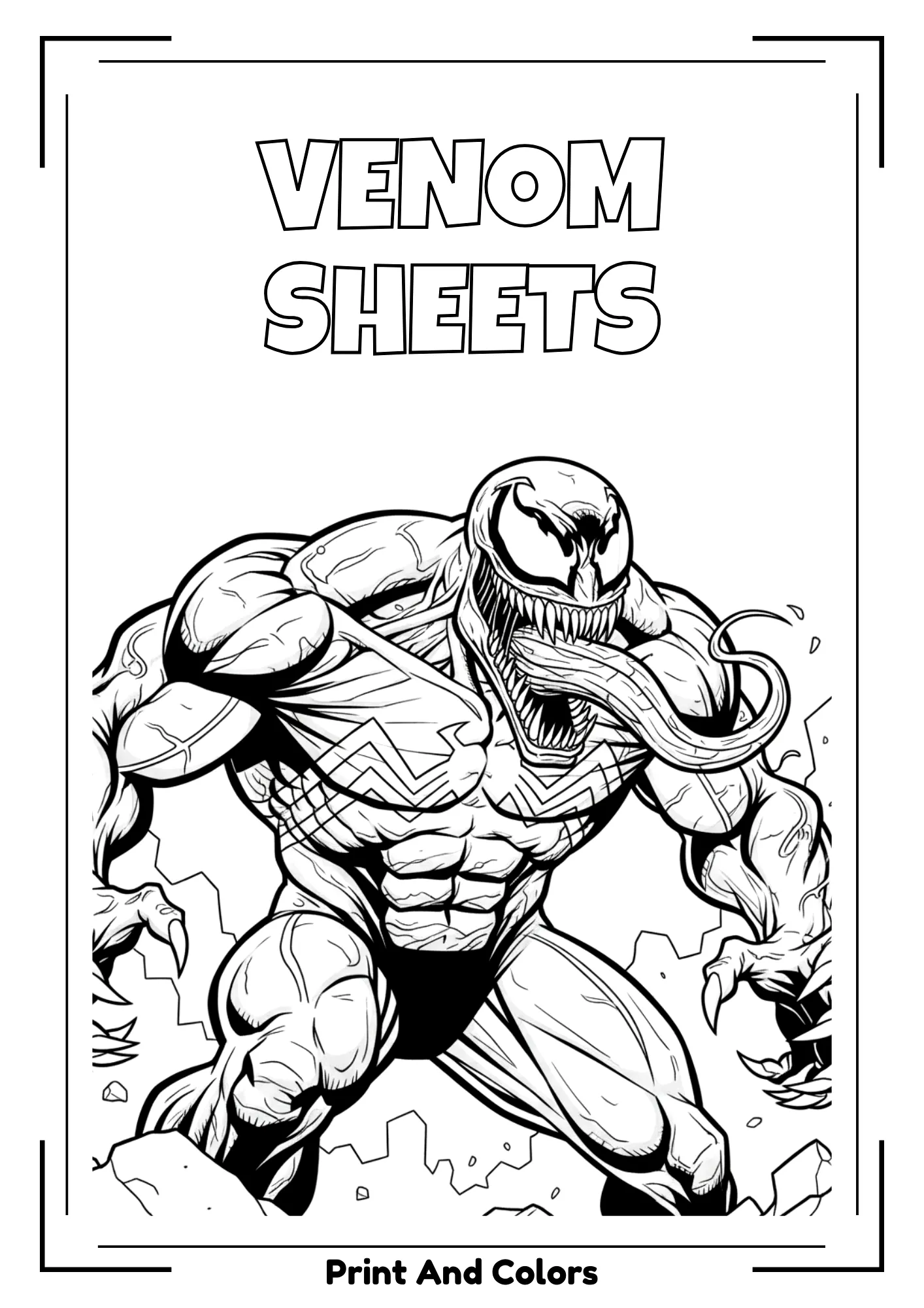 Venom coloring page in black and white line art with scary Marvel character