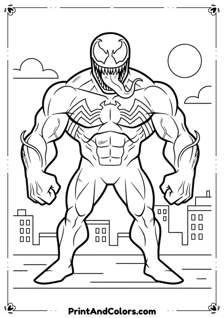 Black-and-white line art of Venom in a classic comic book style, standing tall with muscles defined, long tongue out, sharp teeth, and symbiote textures across the body. Bold outlines for easy coloring.